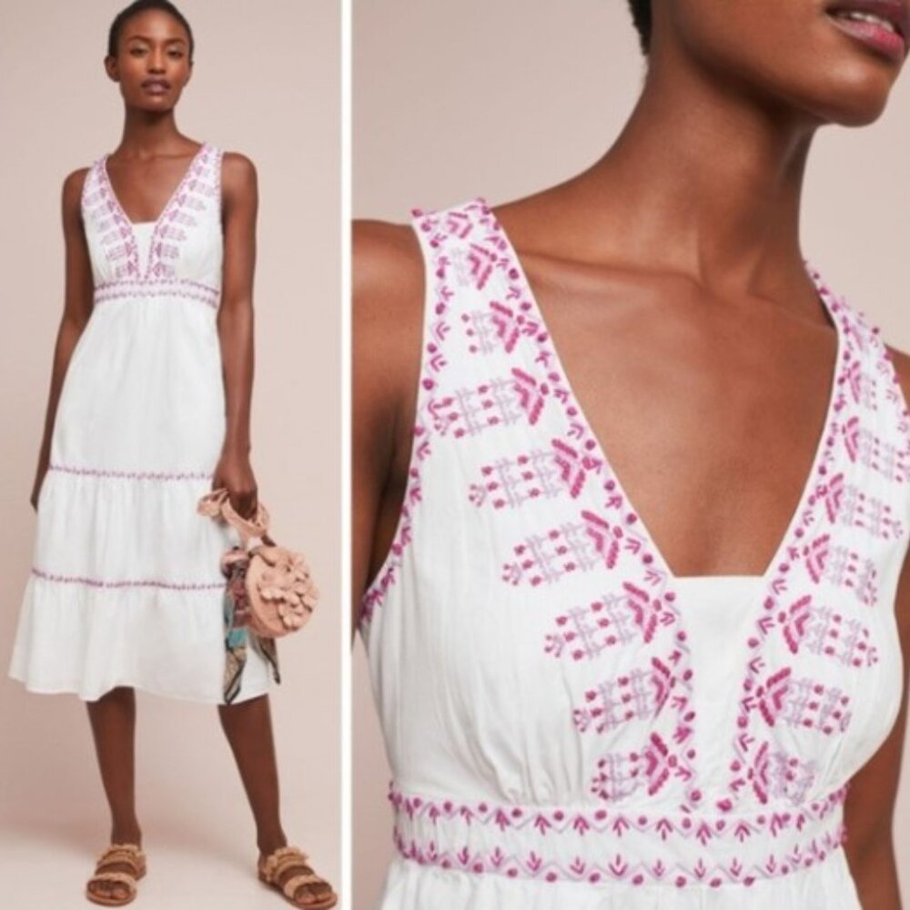 Anthropologie Akemi + Kin Selena white pink embroidered tiered midi dress
